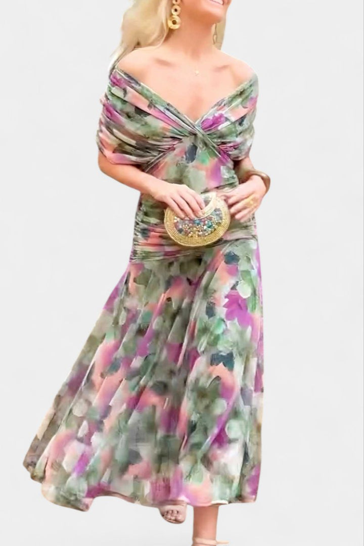 Off-shoulder maxi evening dress for women, an elegant flowing gown for formal events.