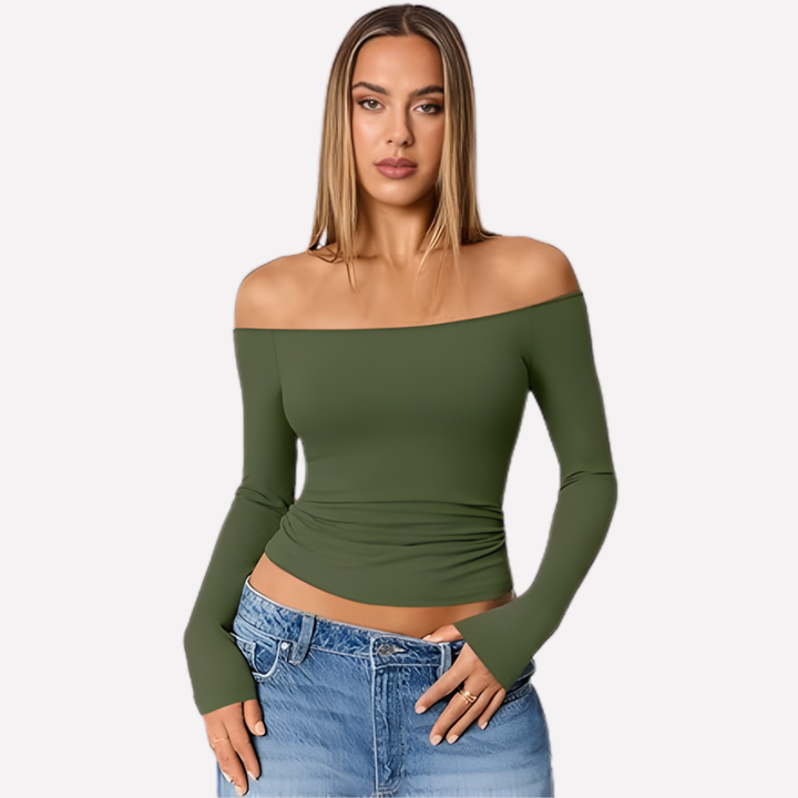 Women's elegant off-shoulder long sleeve top. Versatile and stylish ladies' fashion blouse.