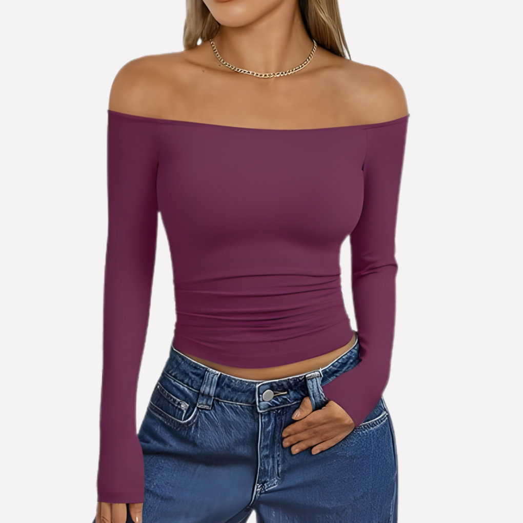 Feminine off-shoulder long sleeve top for women. Comfortable & elegant, ideal for versatile everyday style.