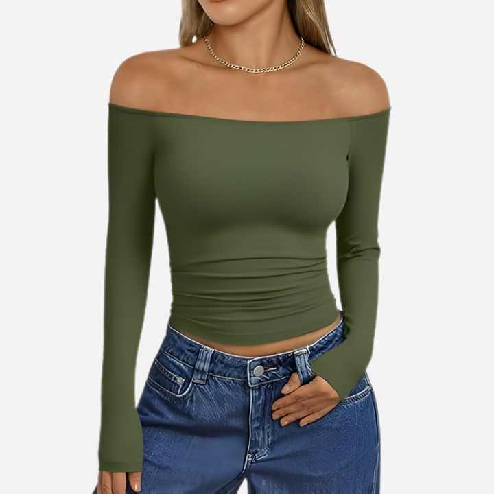 Comfortable women's off-shoulder long sleeve blouse. Soft everyday wear top for ladies' fashion.