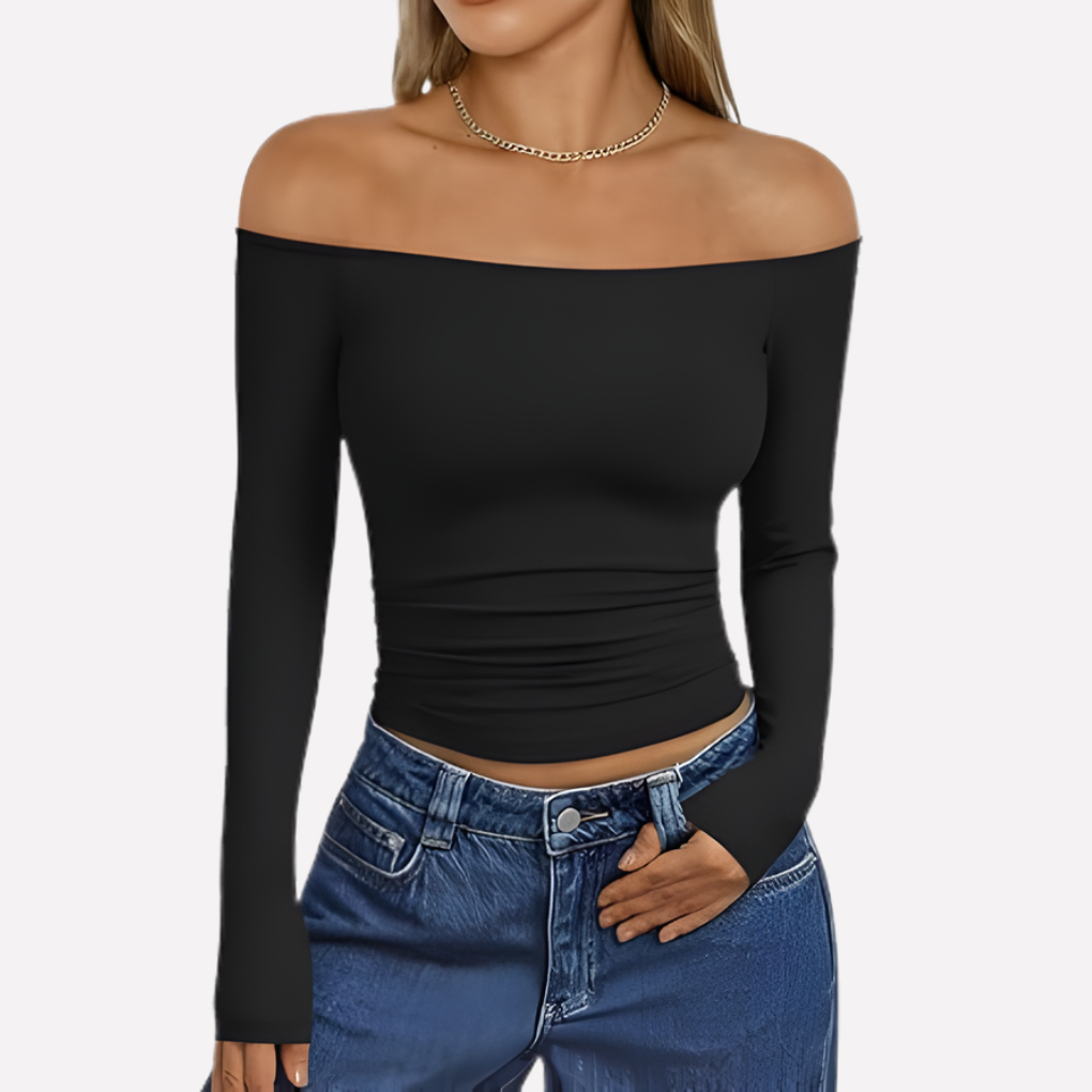 Chic women's off-shoulder long sleeve top. Elegant and versatile casual shirt for modern ladies.