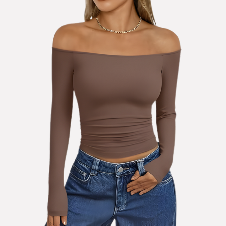 Versatile women's off-shoulder long sleeve top. Great for casual comfort or elegant going-out style.