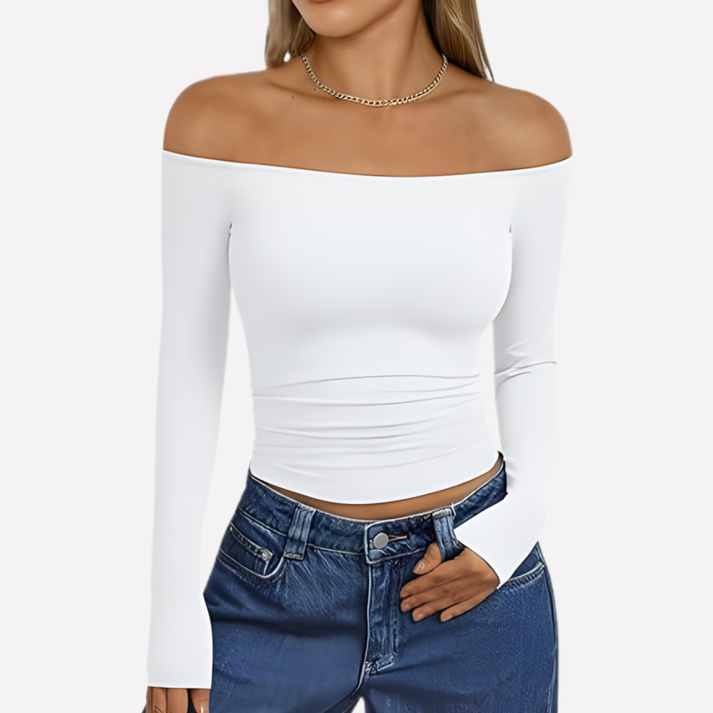 Modern women's off-shoulder long sleeve top. A comfortable, elegant blouse for stylish everyday fashion.