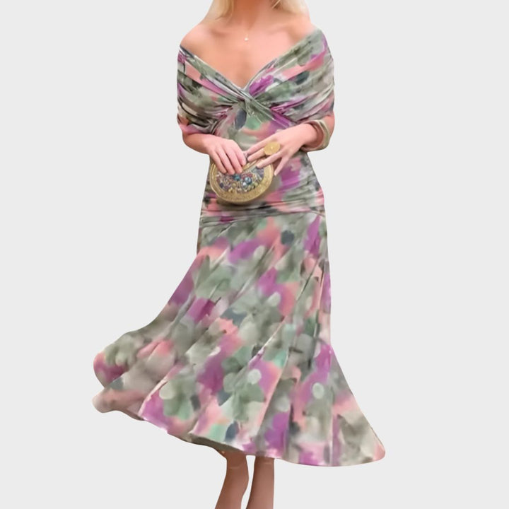 Women's elegant off-shoulder maxi dress, a colorful print evening gown for formal occasions.