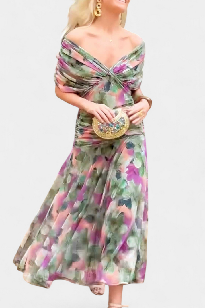 Women's elegant evening off-shoulder maxi dress, featuring a stunning colorful pattern and long style.