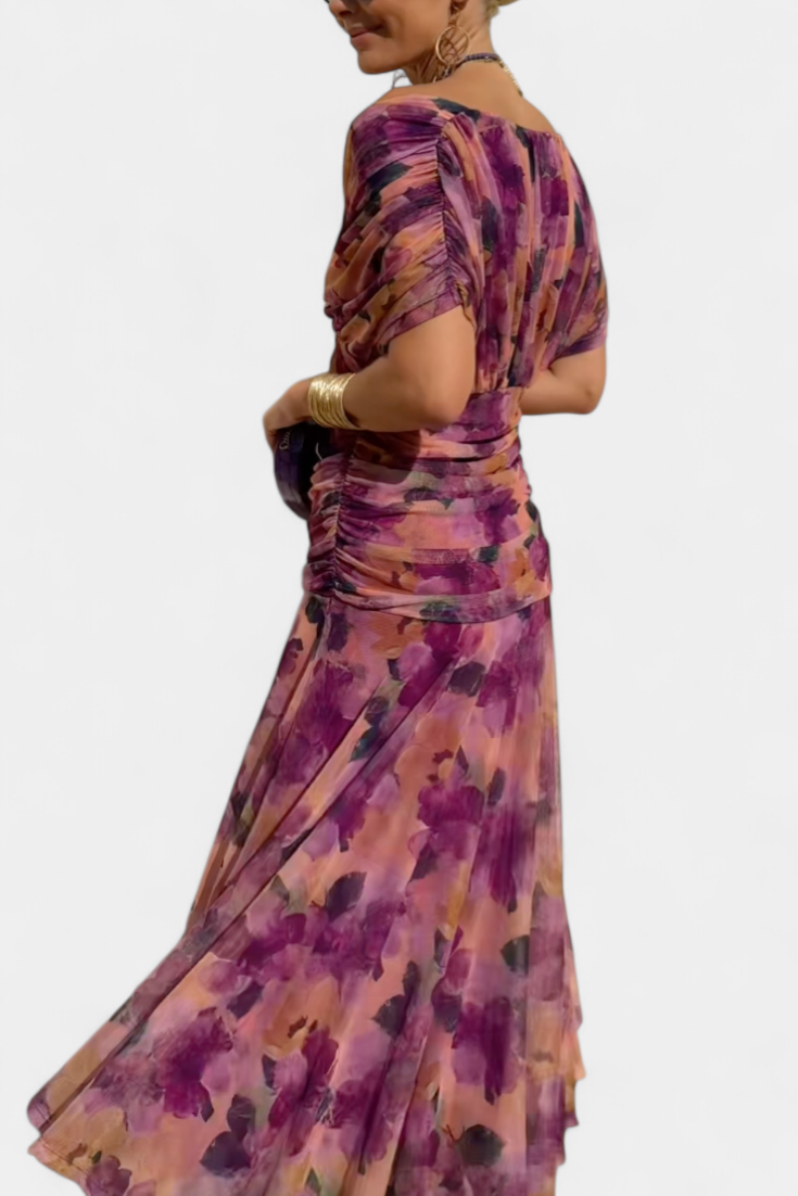 Stylish women's off-shoulder maxi dress, an elegant colorful print evening gown for special events.