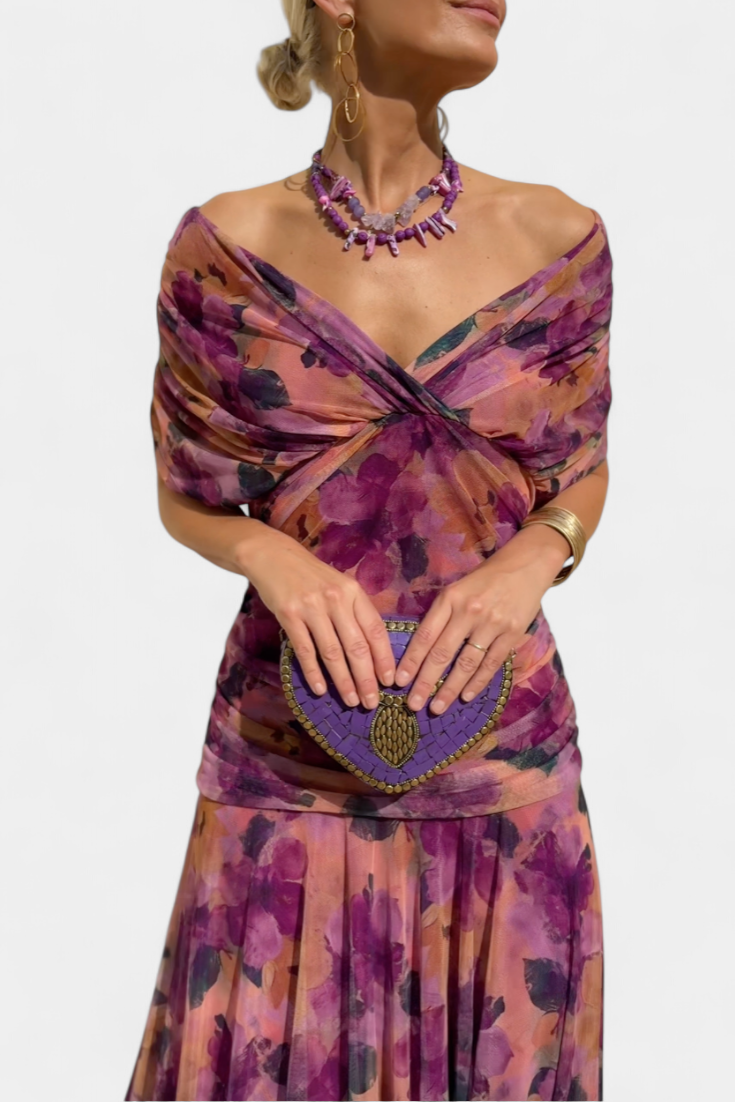 Women's elegant off-shoulder formal maxi dress, a colorful printed gown for timeless evening style.