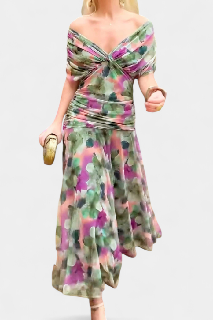 Timeless off-shoulder maxi dress for women, featuring a vibrant print, perfect for evening parties.