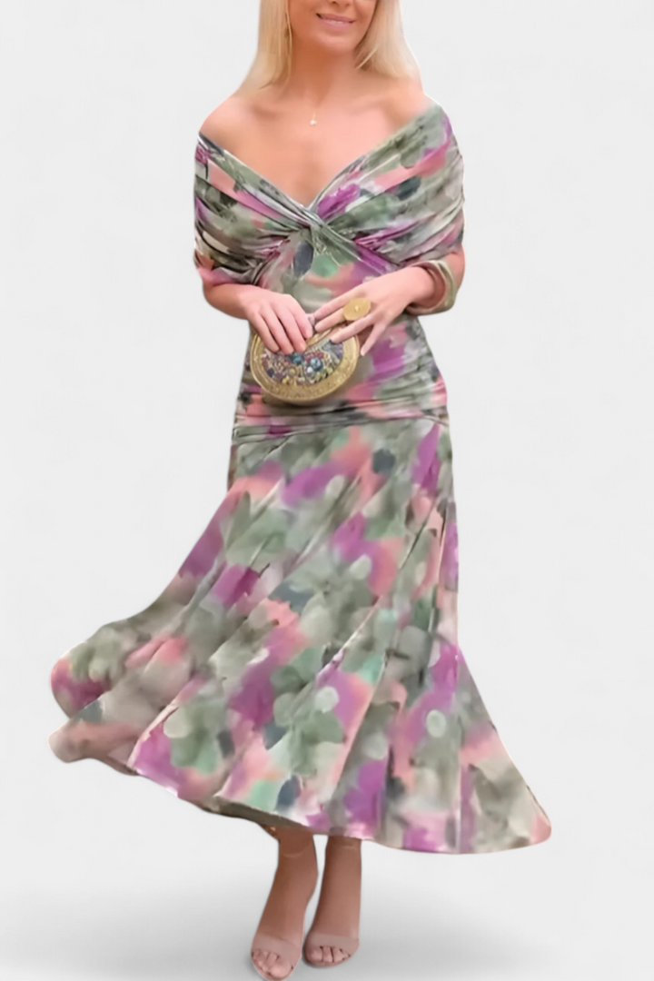 Elegant women's long off-shoulder dress, colorful print, suitable for evening wear & special events.