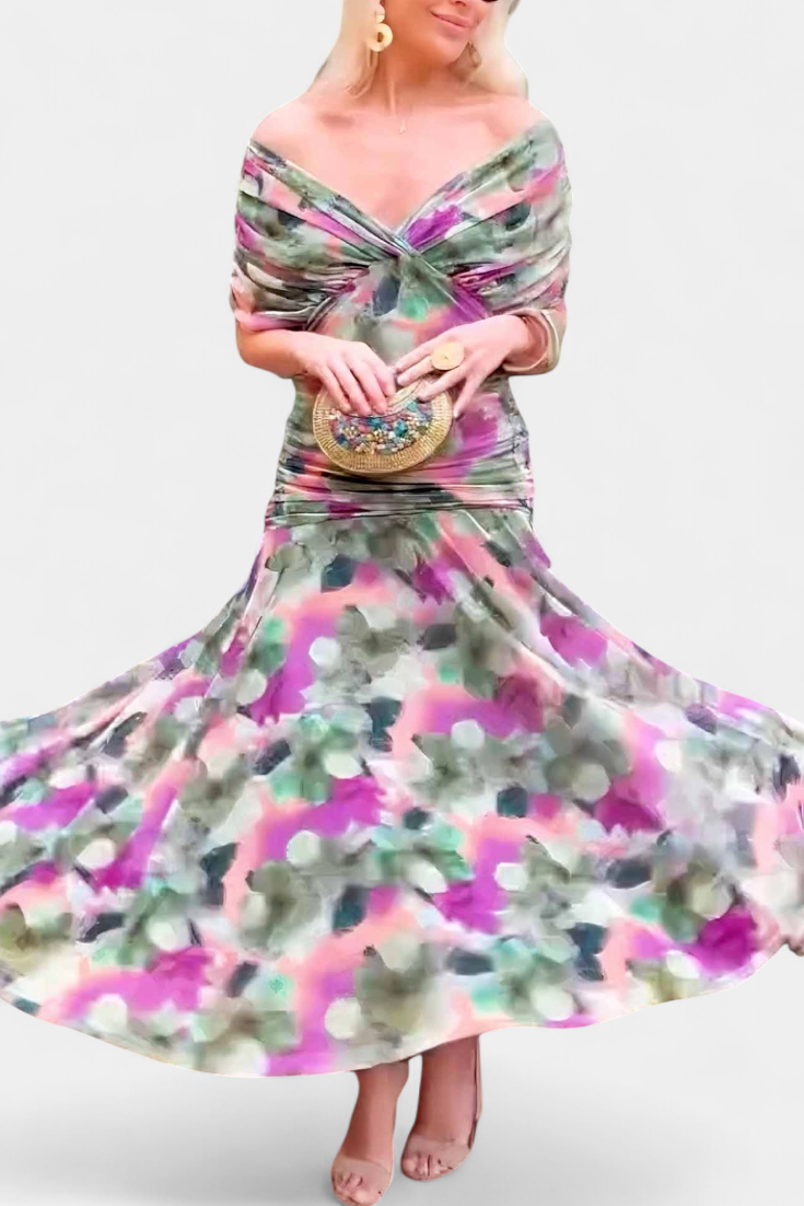 Flowing off-shoulder maxi dress for women, a sophisticated colorful evening gown for formal occasions.