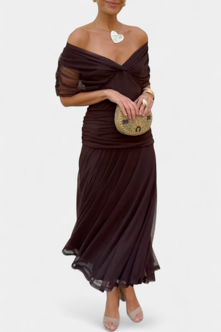 Women's party off-shoulder maxi dress, an elegant colorful print evening gown. Timeless style.