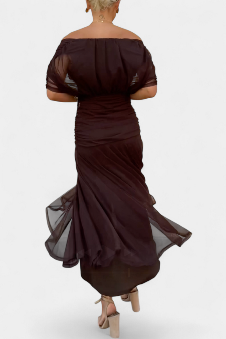 Classic women's off-shoulder maxi dress, elegant colorful design, perfect for any evening occasion.