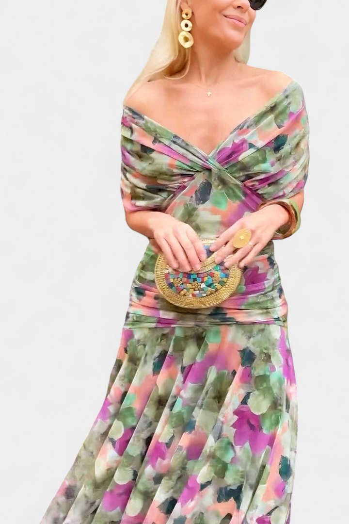 Beautiful women's off-shoulder maxi dress, a luxurious colorful print for evening formal events.