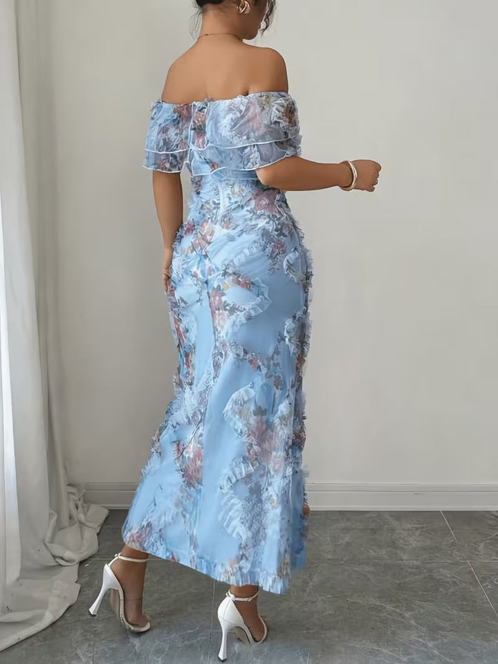 Elegant women's embroidered off-shoulder maxi dress with floral details, ideal for evening events and parties.