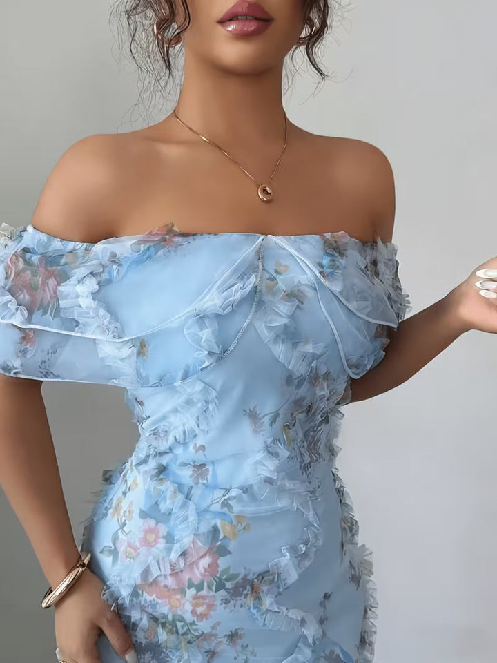 Stylish women's embroidered off-shoulder maxi dress with short sleeves, a beautiful choice for special occasions.