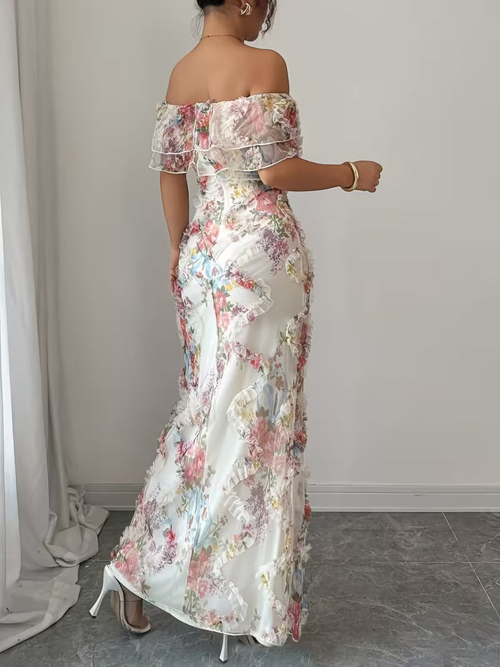 Fashionable women's embroidered off-shoulder maxi dress, perfect for a sophisticated look at any special event.