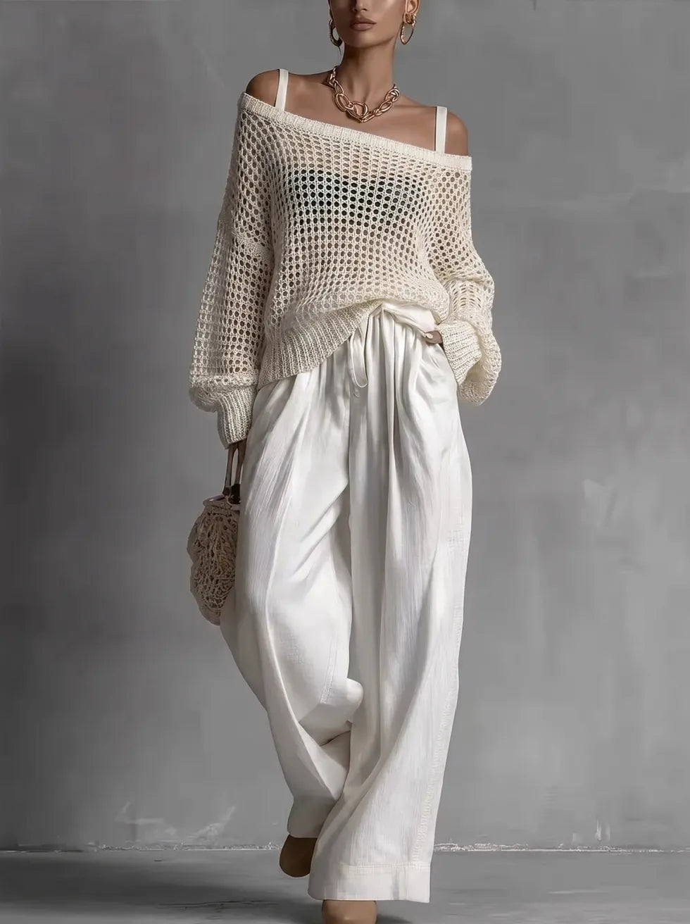 Women's elegant off-shoulder two-piece set, perfect for summer casual fashion. Relaxed fit matching outfit.