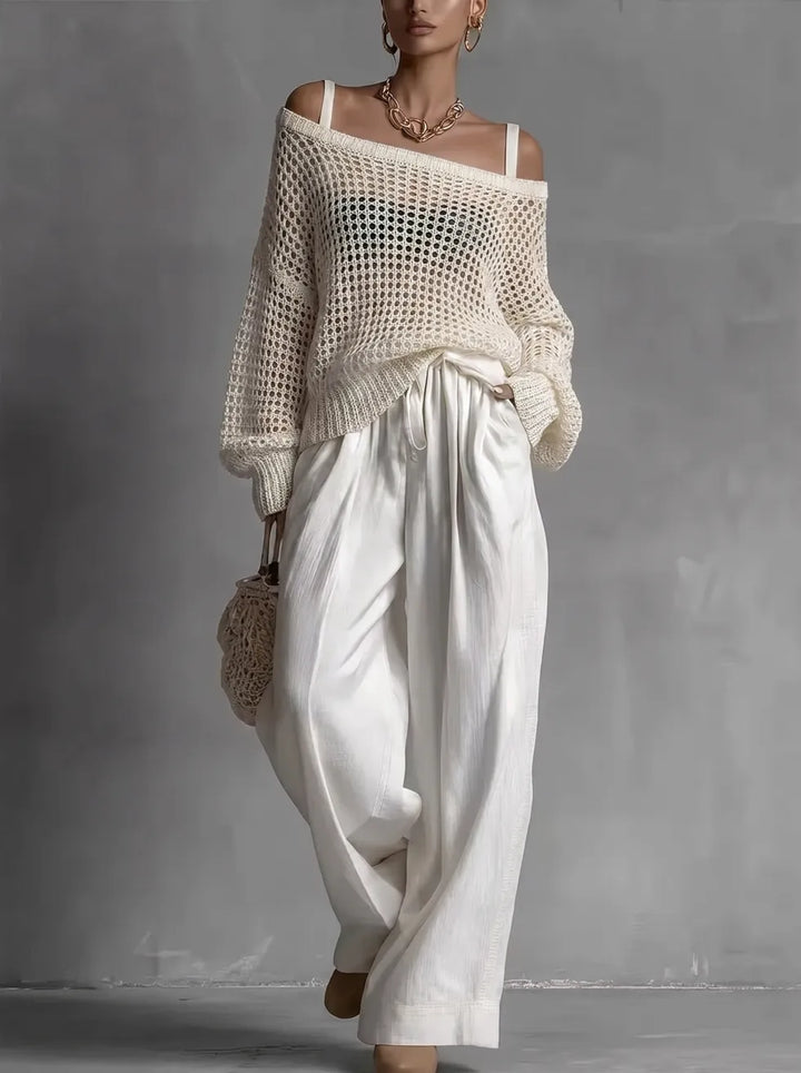 Women's elegant off-shoulder two-piece set, perfect for summer casual fashion. Relaxed fit matching outfit.