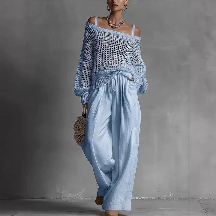 Stylish women's off-shoulder two-piece set for elegant casual summer wear. Versatile coordinated outfit.