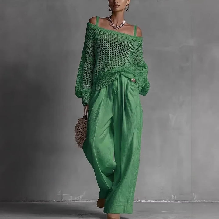 Elegant off-shoulder two-piece set for women, perfect for summer. Features a relaxed fit and soft fabric.