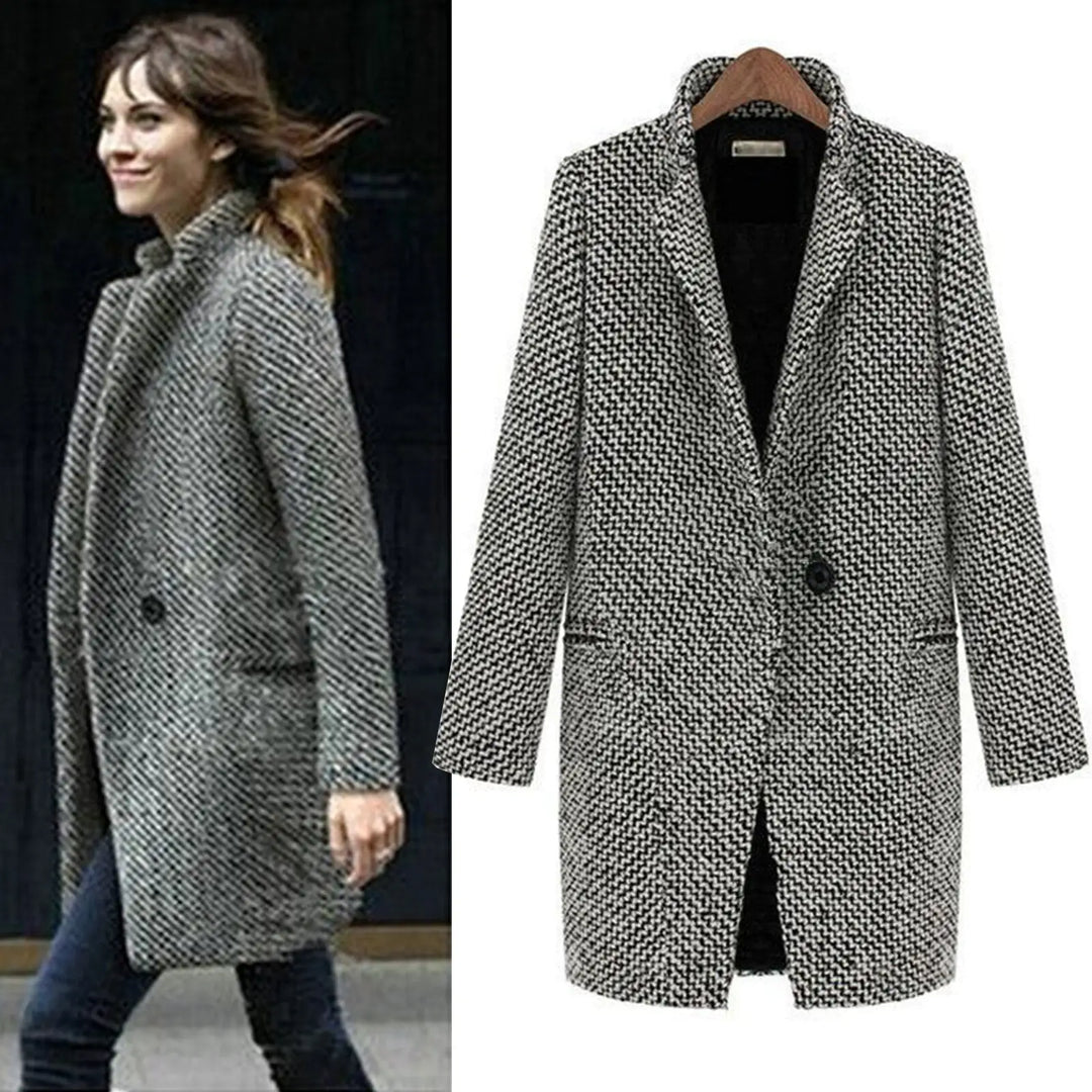 Women's elegant olive long coat, perfect for winter fashion. Timeless outerwear for a sophisticated look.