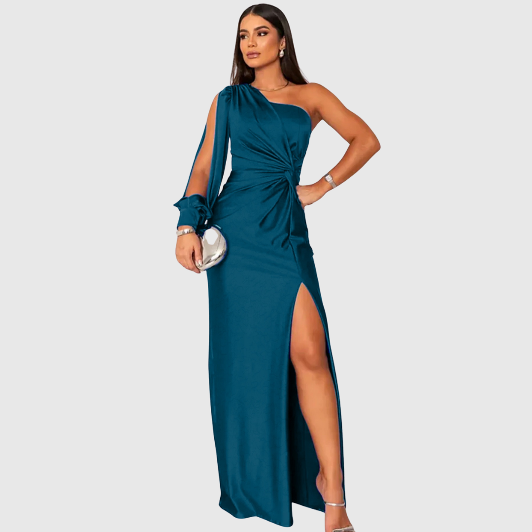 Women's elegant one-shoulder evening gown with a flattering high slit, perfect for formal events & parties.