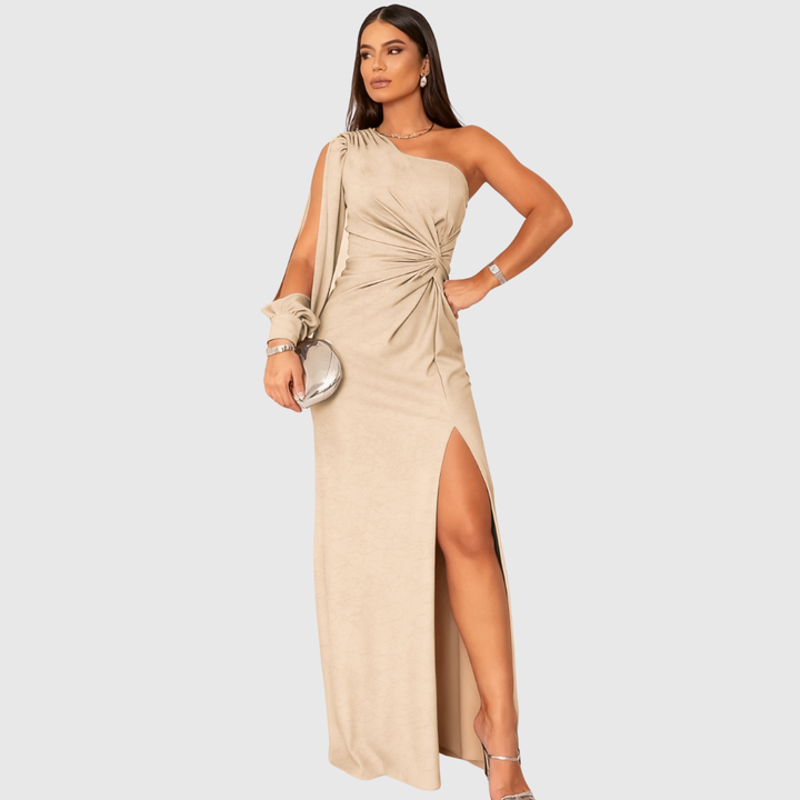 Premium one-shoulder women's dress with a high slit. Designed as elegant evening wear for any special occasion.