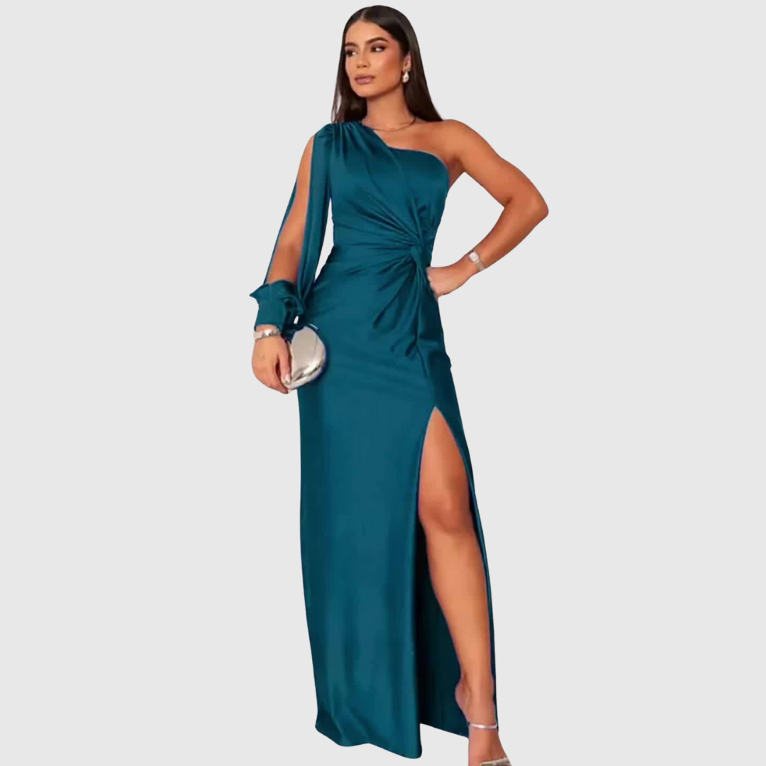 Long maxi evening gown for women, stylish one-shoulder design & alluring high slit. Elegant party wear.