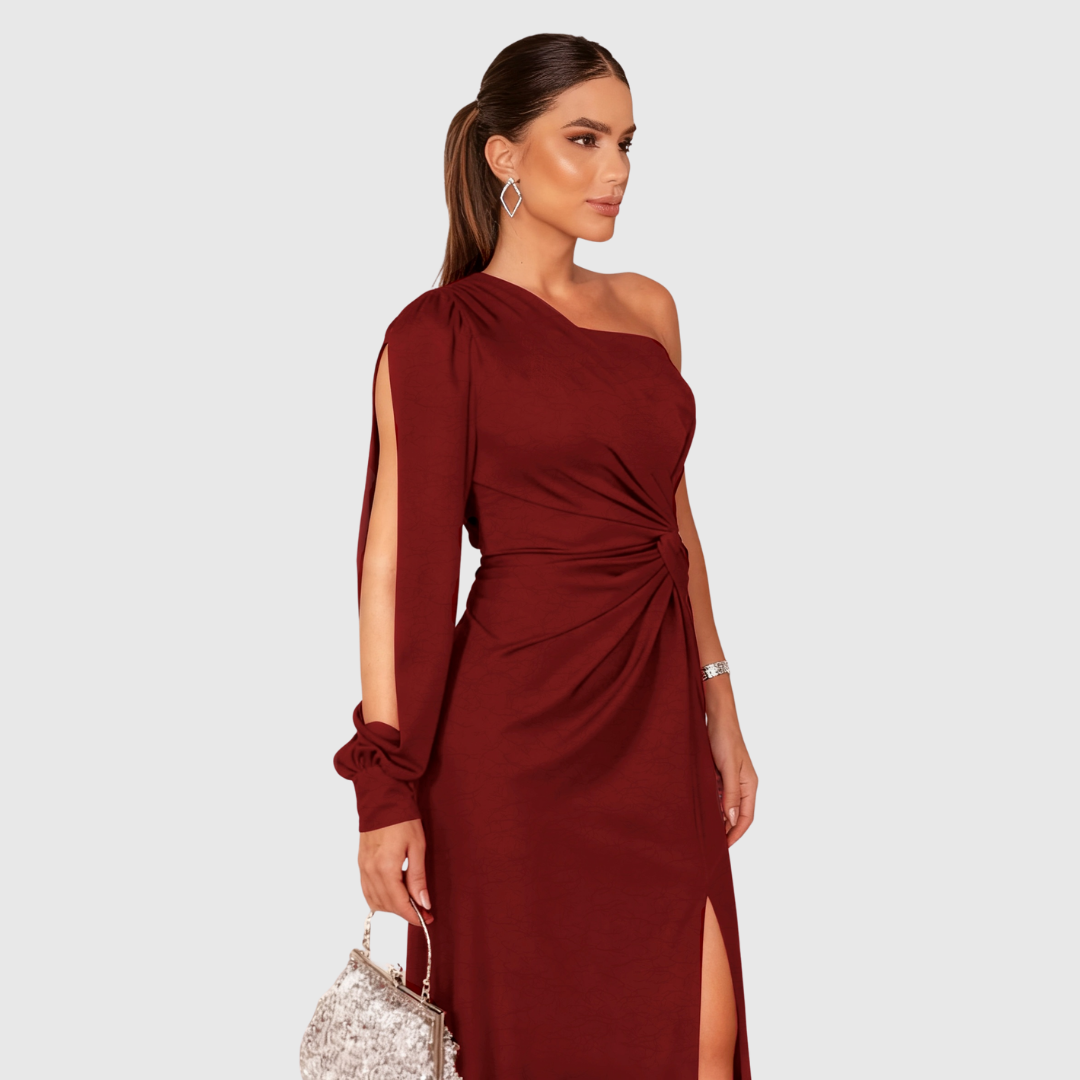 Chic one-shoulder cocktail dress with a graceful high slit, designed for special occasions & formal wear.