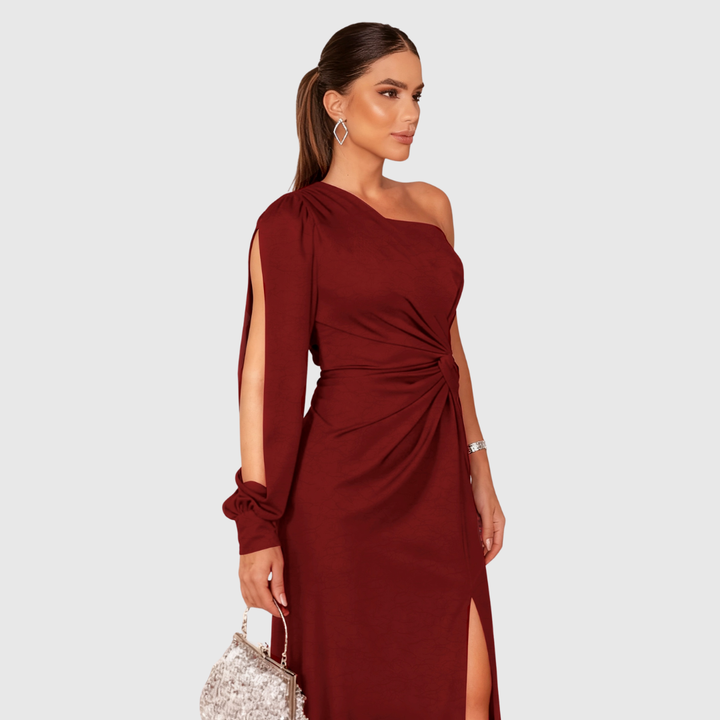 Chic one-shoulder cocktail dress with a graceful high slit, designed for special occasions & formal wear.