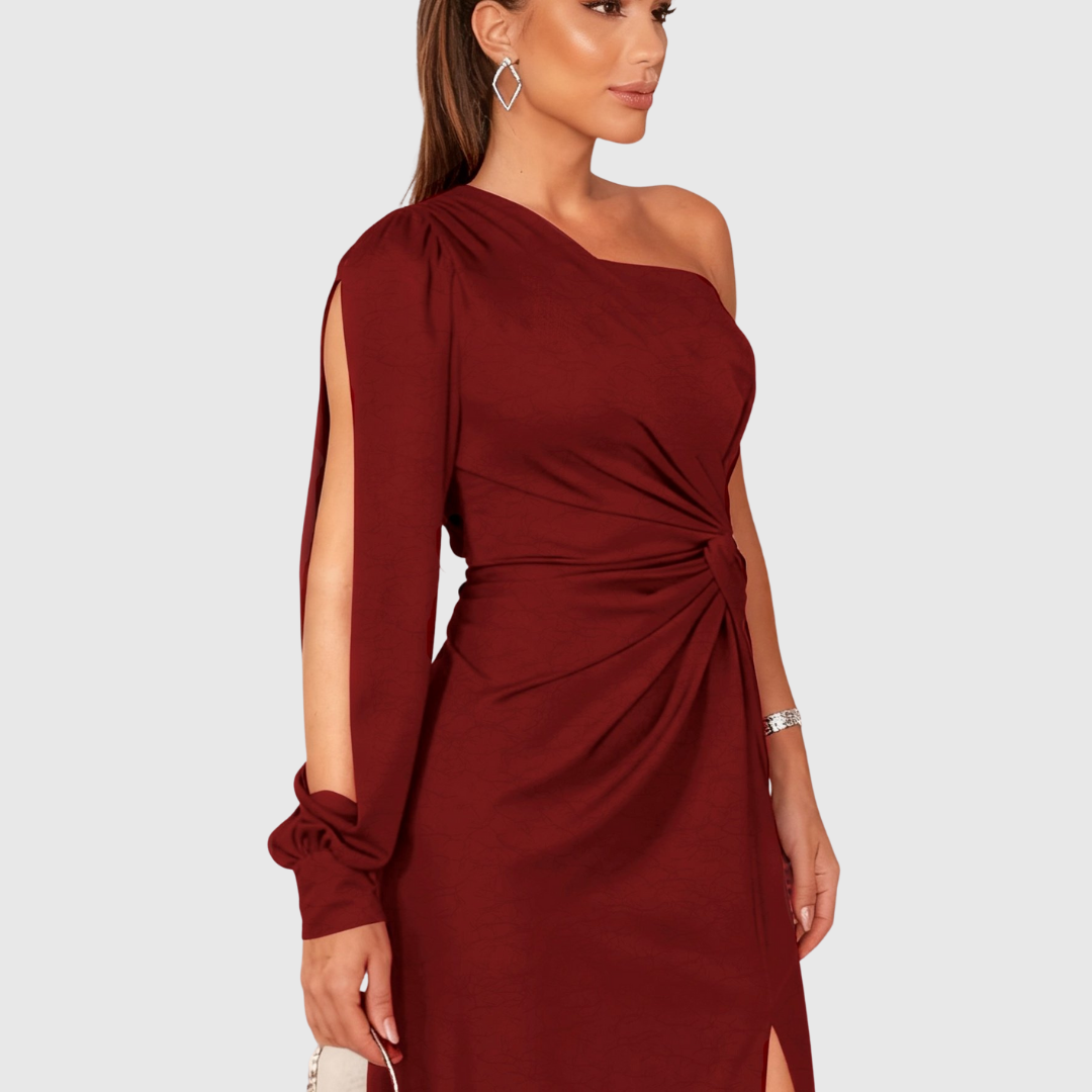 Sophisticated women's one-shoulder evening gown. Features a stylish high slit, perfect for elegant events.