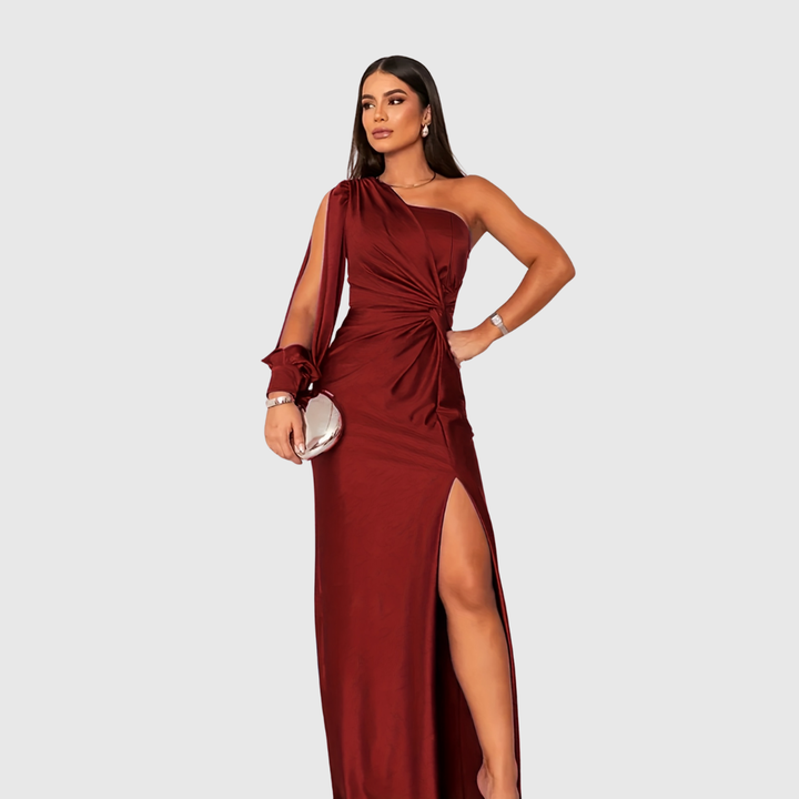 Graceful women's formal dress. One-shoulder style, flattering fit & a high slit for elegant special occasions.