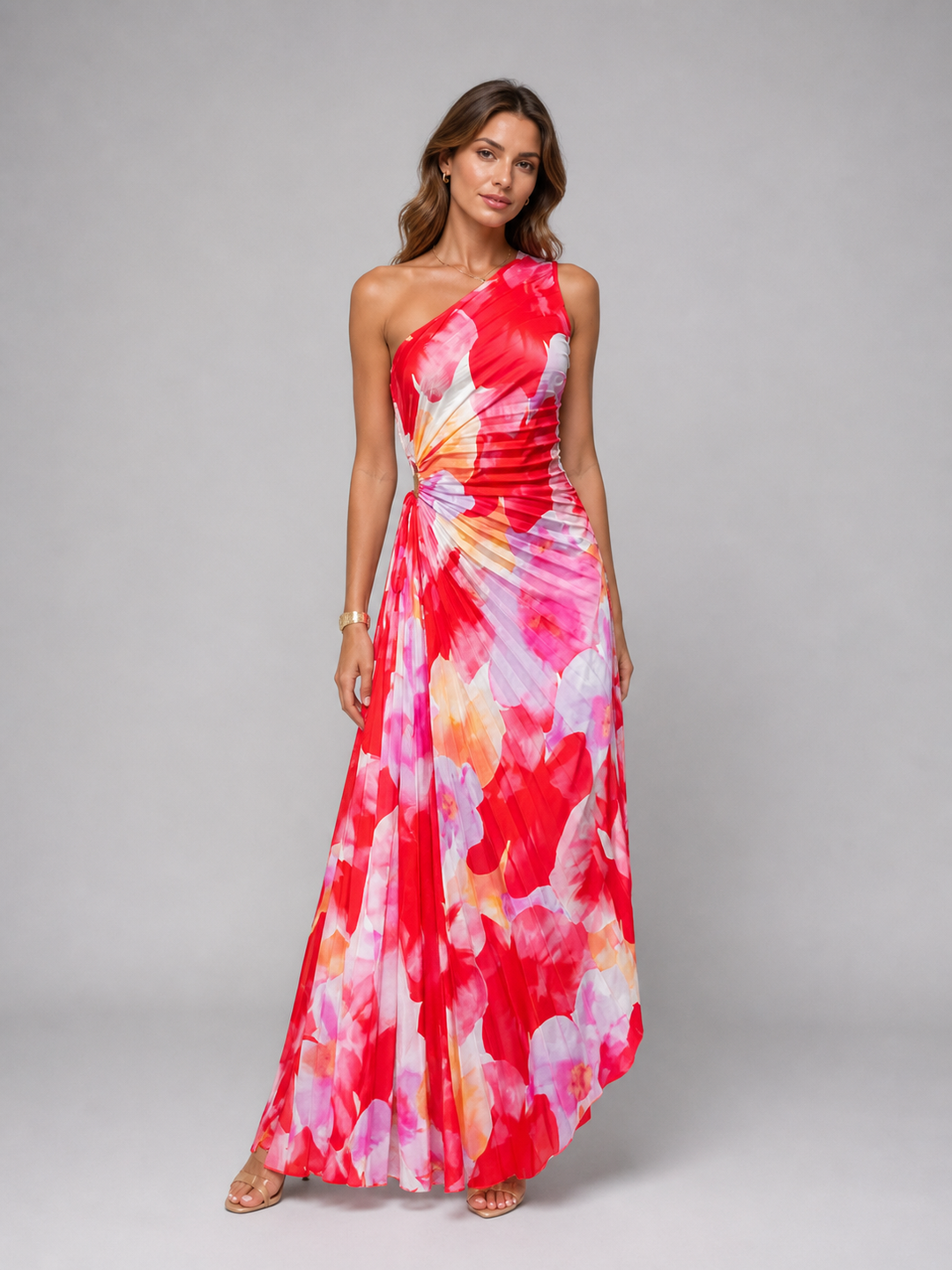 Women's elegant one-shoulder pleated floral maxi dress, perfect for wedding guests or summer parties.