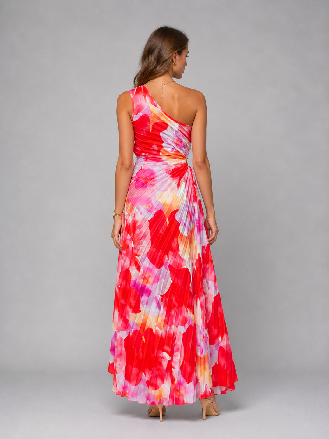 Chic women's formal one-shoulder maxi dress with a beautiful floral print, ideal for a wedding guest.