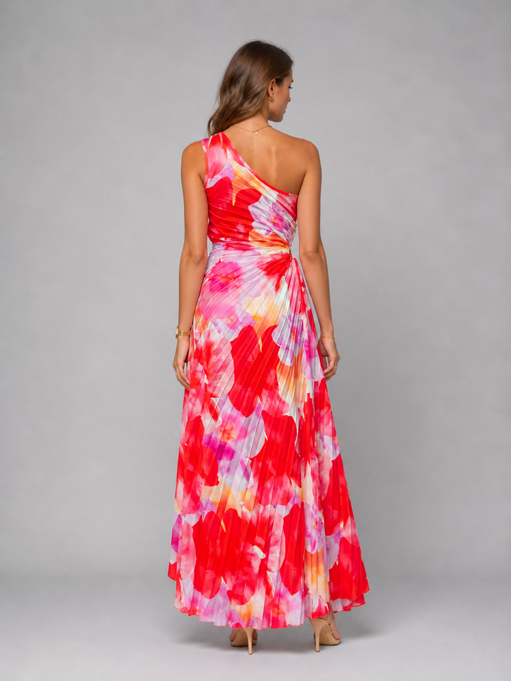 Chic women's formal one-shoulder maxi dress with a beautiful floral print, ideal for a wedding guest.