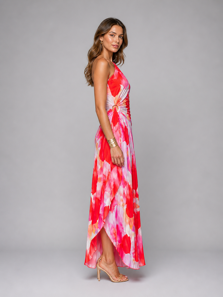 Flowy women's one-shoulder floral maxi dress with a graceful pleated skirt, perfect for elegant events.