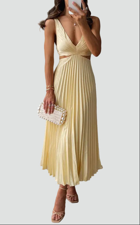 Women's elegant pleated cut-out midi dress, perfect for evening wear & special occasions. Sophisticated party dress.