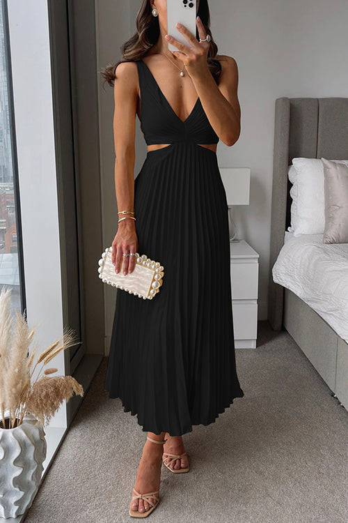 Sophisticated women's pleated cut-out midi dress in an elegant style for evening & formal occasionwear.