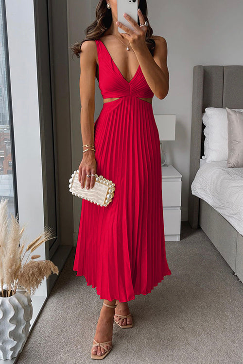 Stunning women's evening midi dress with sophisticated pleating and modern cut-out detail for formal events.