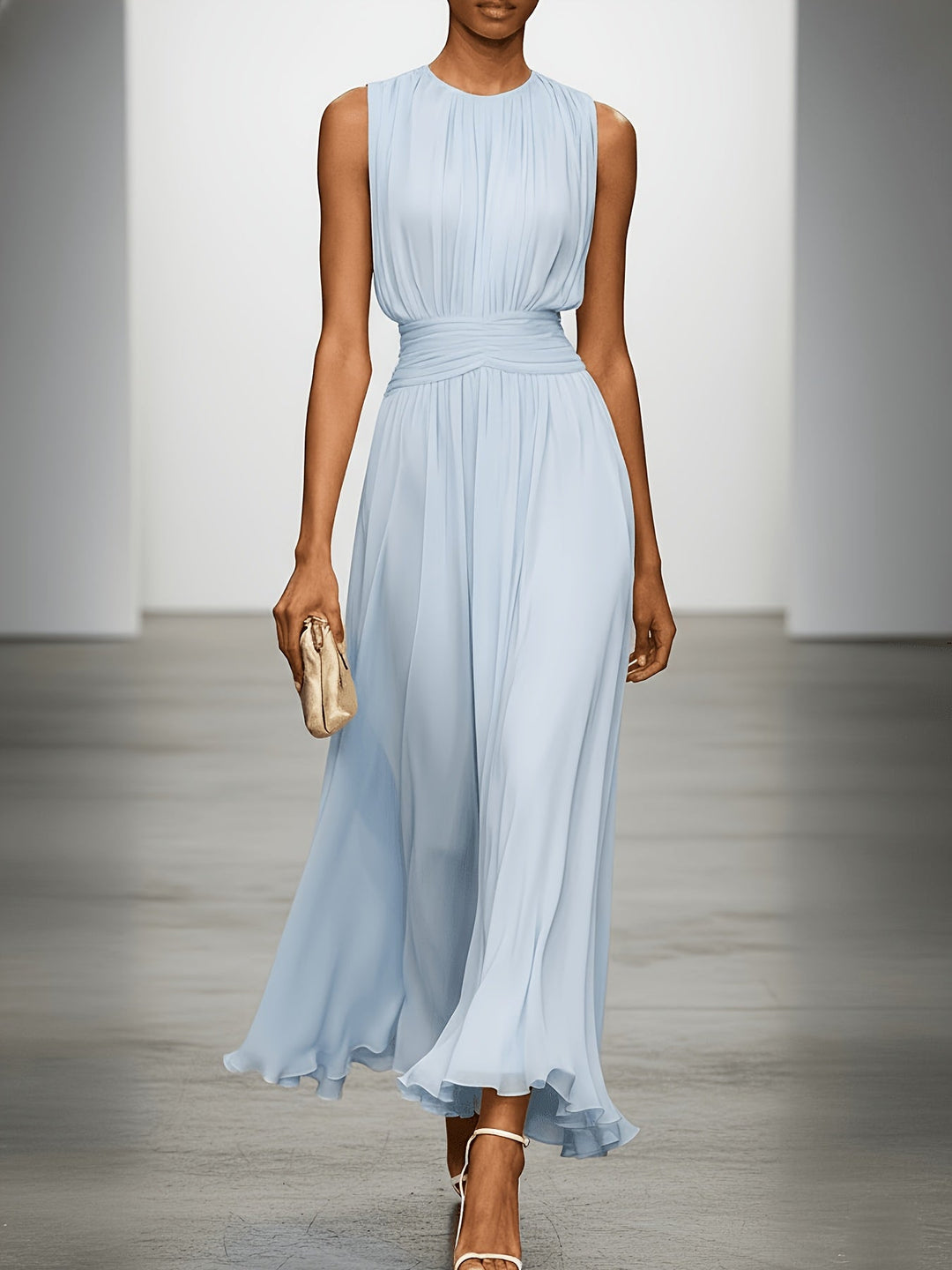 Flowy sleeveless maxi dress for women, featuring a pleated skirt & flattering ruched waist, ideal for parties.