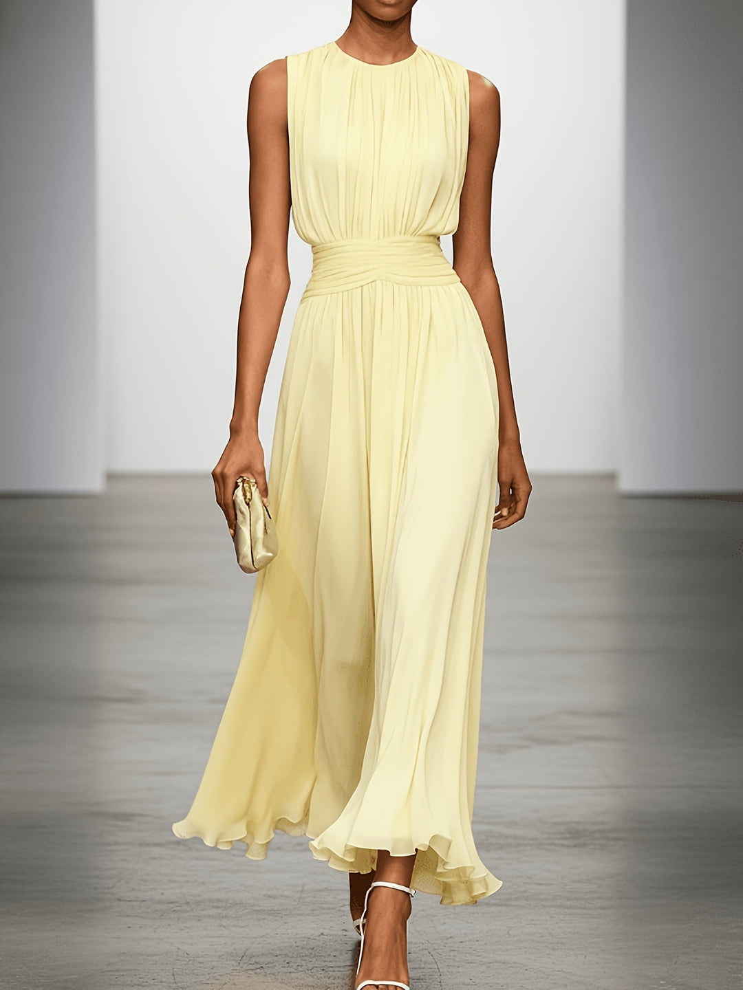 Elegant women's summer maxi dress, sleeveless with a pleated skirt and flattering ruched waist for occasion wear.