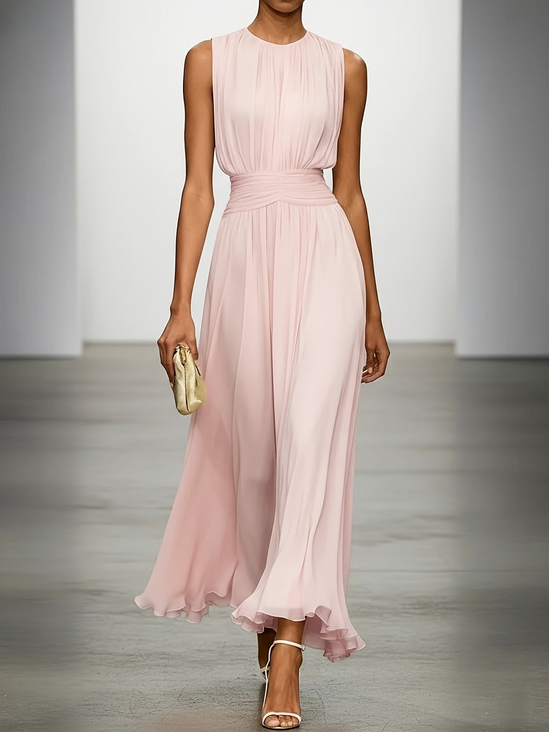 Sleeveless women's maxi wedding guest dress, featuring delicate pleats & a chic ruched waist for a refined look.