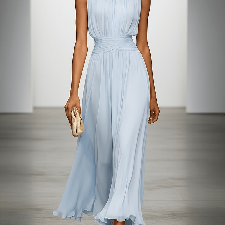 Occasion wear women's pleated maxi dress with a flattering ruched waist, an elegant sleeveless formal option.