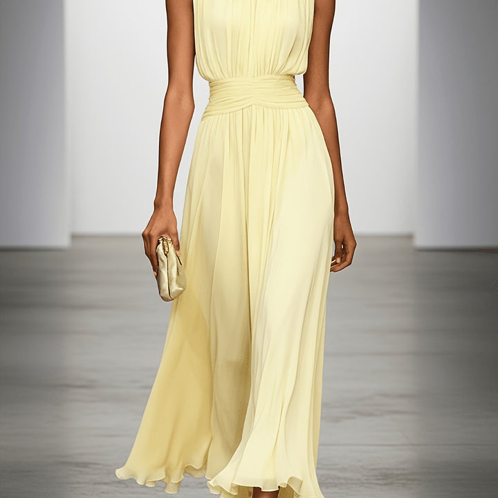 Women's formal pleated maxi dress, elegant with a ruched waist, perfect for weddings, parties, and special events.