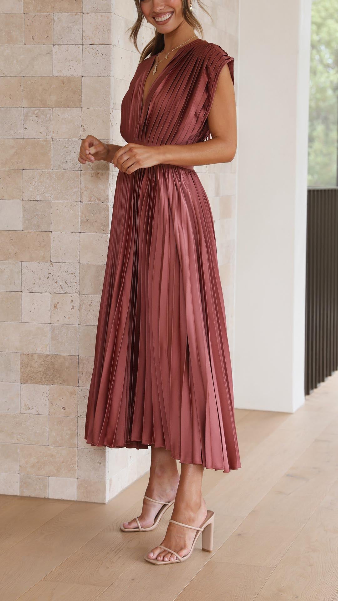 Chic pleated V-neck midi dress, ideal for cocktail parties, dinner, and formal gatherings.