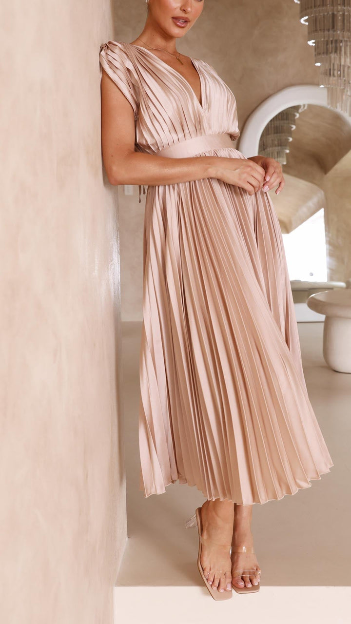 Summer formal V-neck pleated midi dress, a stylish choice for special occasion wear.