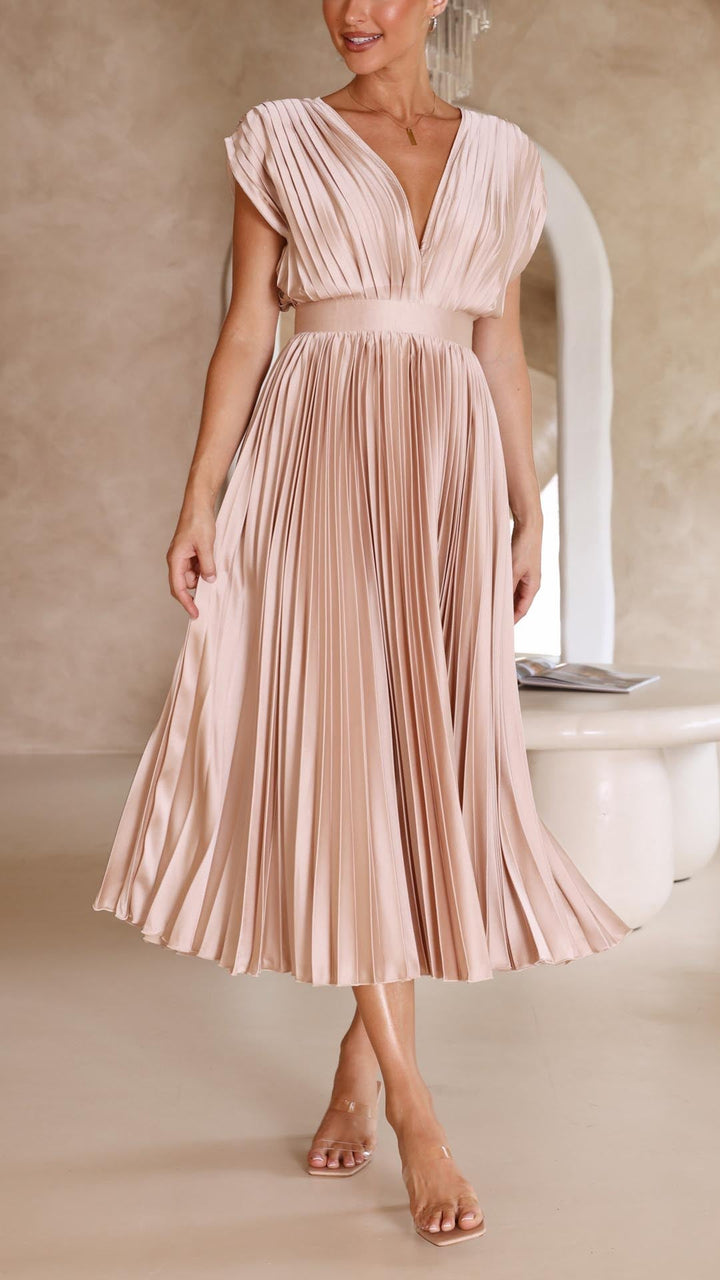 Graceful V-neck midi dress featuring delicate pleats, suitable for sophisticated events.