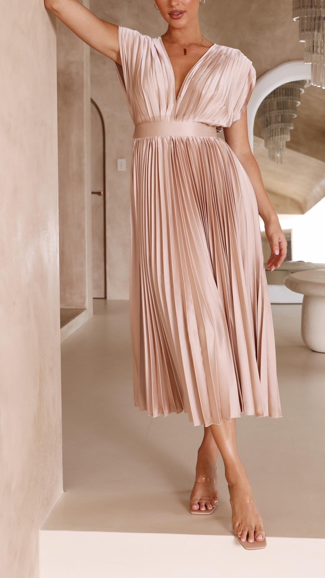 Sophisticated women's pleated V-neck midi dress, a stunning special occasion outfit.