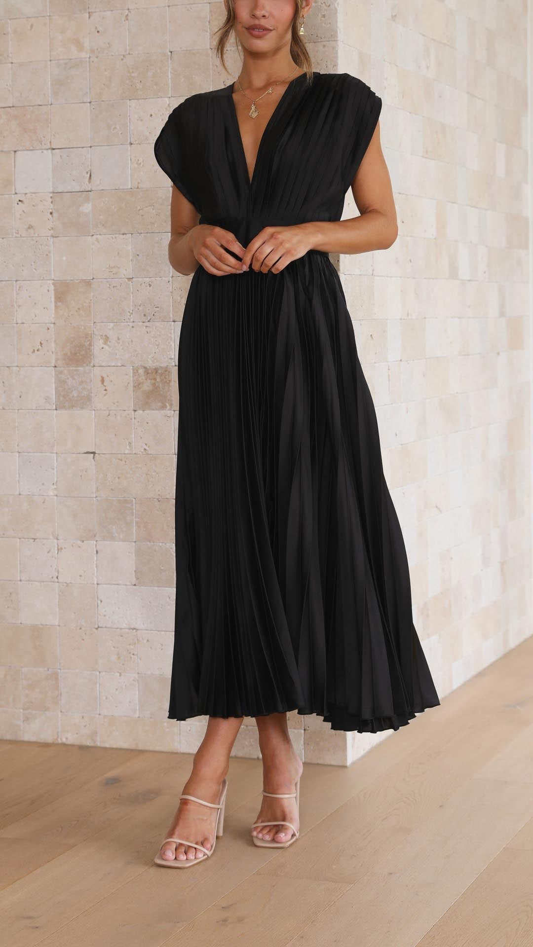 Women's occasion wear: pleated midi V-neck dress, stylish and comfortable.