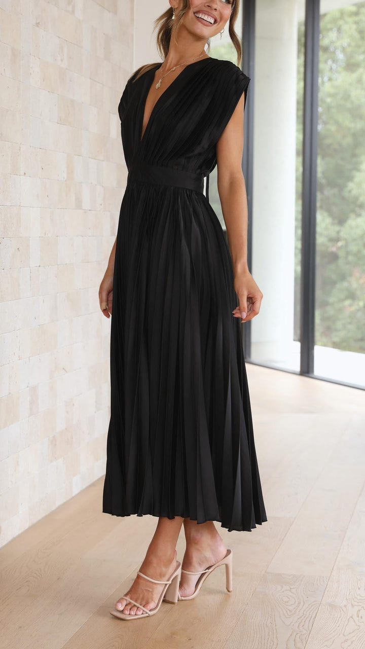 Formal pleated midi dress for women, V-neck design, perfect for elegant parties.